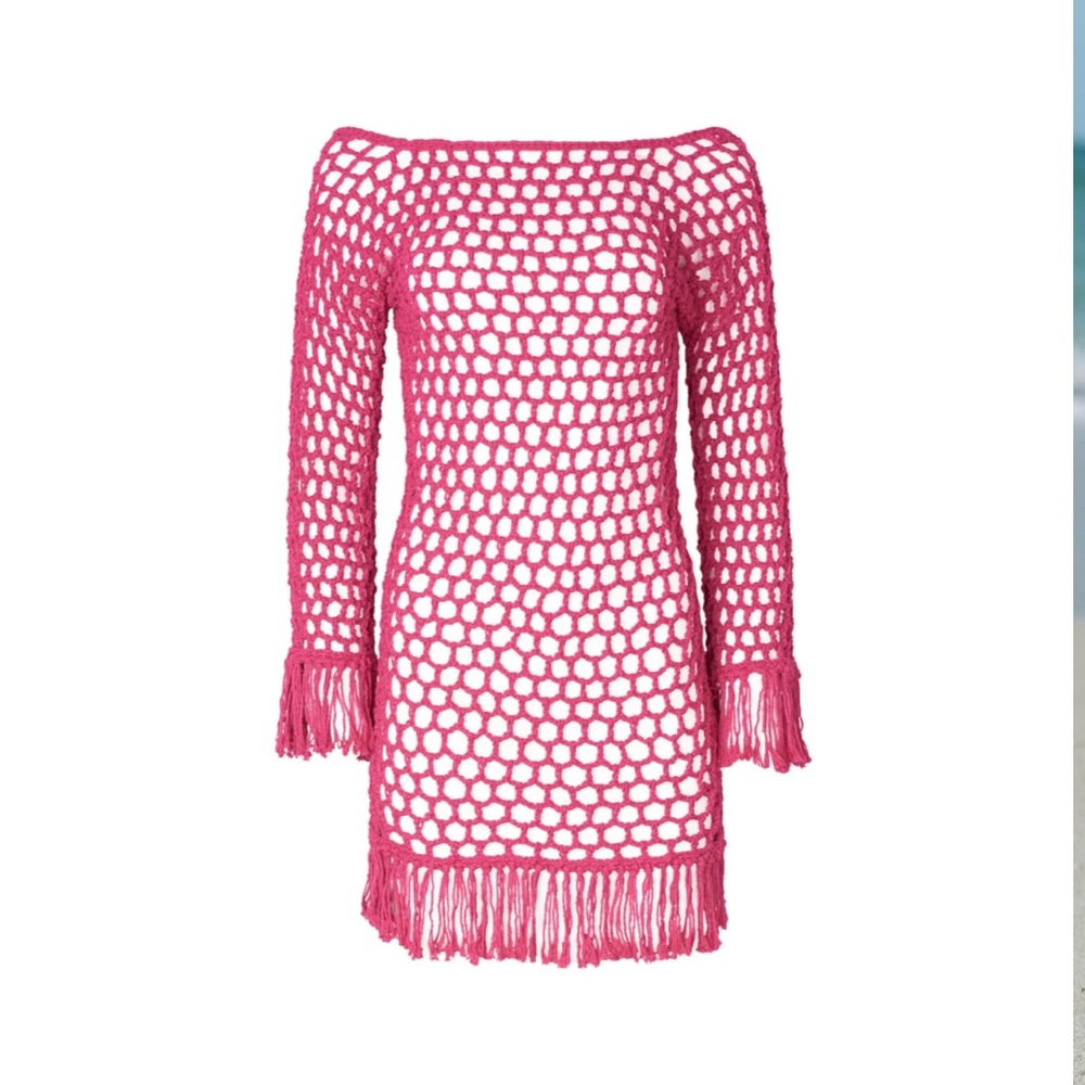 NWT SOAH Violet Fuchsia Magenta Crochet Mini Dress Beach Cover Up - M
